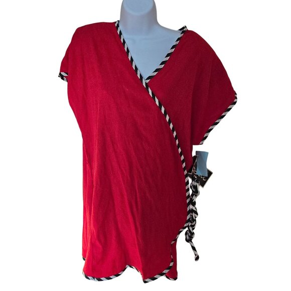 Dotti Red Wrap Terrycloth Cover-Up W/ Black & White Trim Medium Lightweight & St - Picture 2 of 8